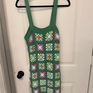 Green Crochet Dress with Multicolor Floral Patchwork